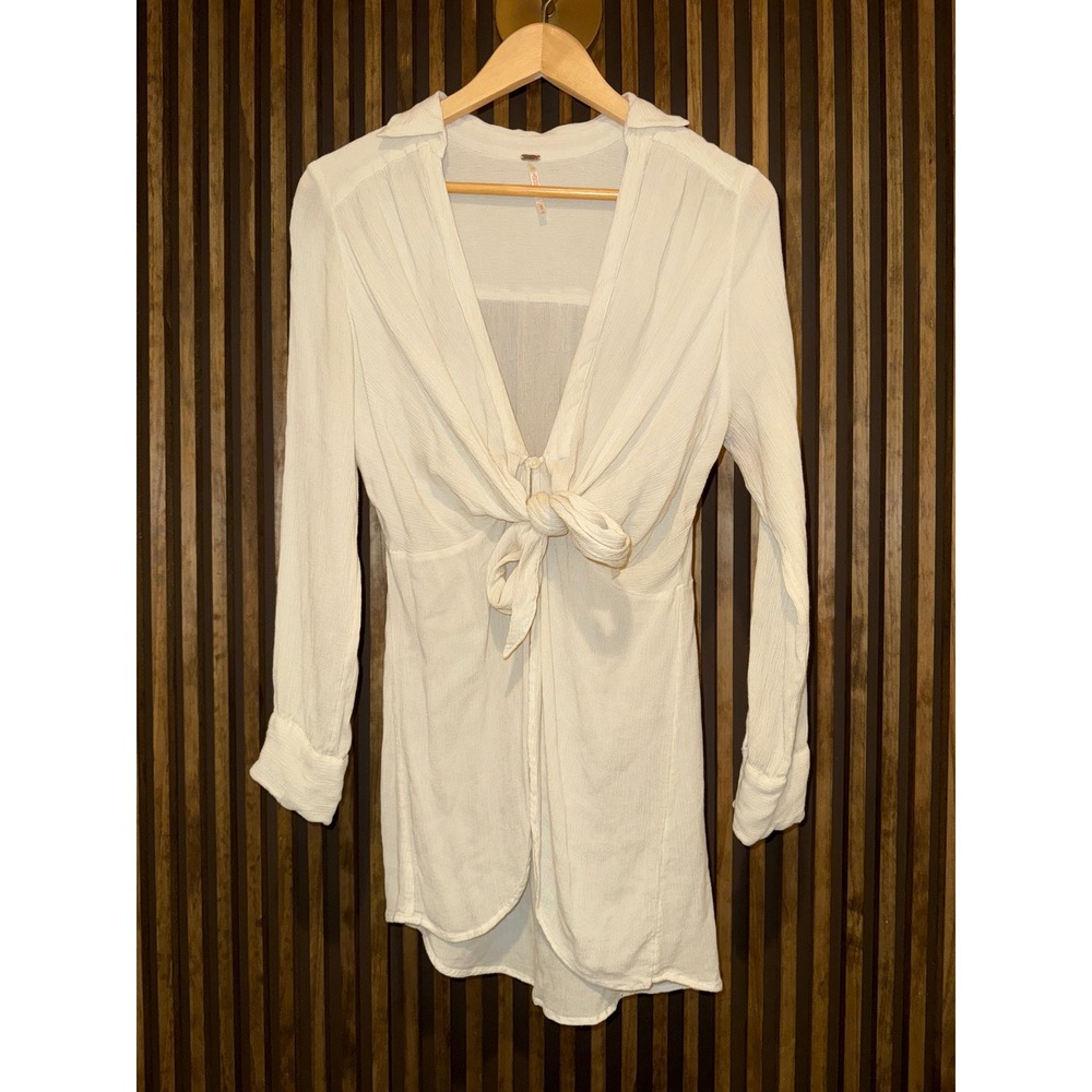 Free People Womens Ivory Long Sleeve Tie Front Mini Dress Shirt Size‎ S